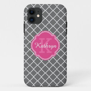 Warme roze monogram grijs diamantpatroon Case-Mate iPhone case