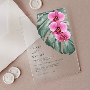 Warme Roze Orchideeën Monstera Tropische Bloemige  Acryl Uitnodigingen