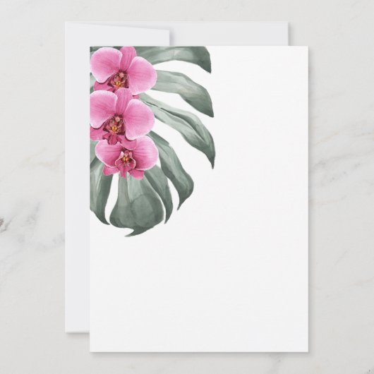 Warme roze orchideeën op het Monstera Tropical Wed Kaart (Achterkant)