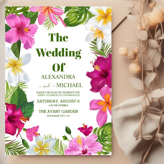 Warme roze orchideeën op het Monstera Tropical Wed Kaart