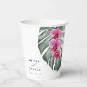 Warme roze orchideeën op het Monstera Tropical Wed Papieren Bekers (Voorkant)