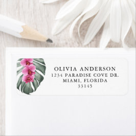 Warme roze orchideeën op Monstera Tropische Floral Etiket