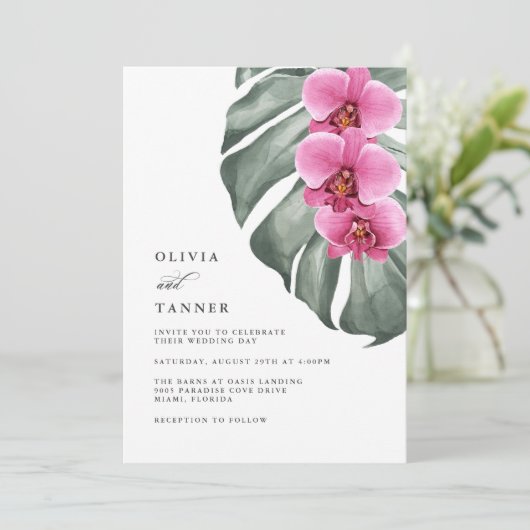 Warme Roze Orchideeën Tropische Bruiloft QR-code Kaart (Staand voorkant)