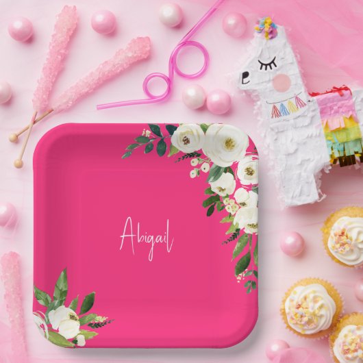Warme Roze Witte Bloemrijke Script Naam Verjaardag Papieren Bordje (Feest)