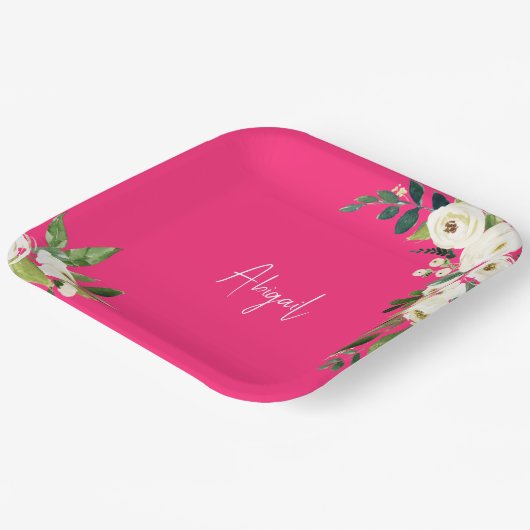 Warme Roze Witte Bloemrijke Script Naam Verjaardag Papieren Bordje (Gebogen)