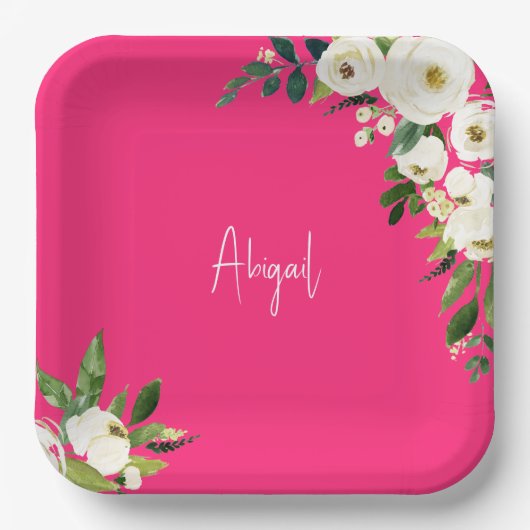 Warme Roze Witte Bloemrijke Script Naam Verjaardag Papieren Bordje (Voorkant)