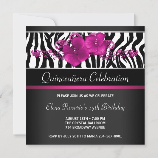 Warme Roze Zebra Quinceanera Uitnodigingen (Voorkant)