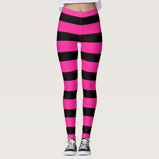 Warme Roze & Zwarte Mode Streep Strepen Leggings (Voorkant)