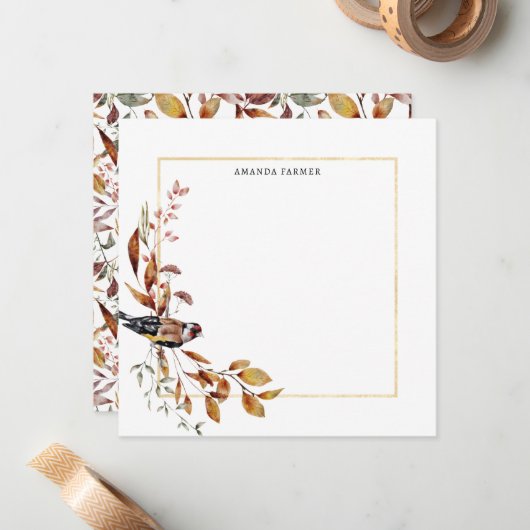 Warme rustieke herfstbladeren & vogel notitiekaartje (Voorkant / Achterkant in situ)