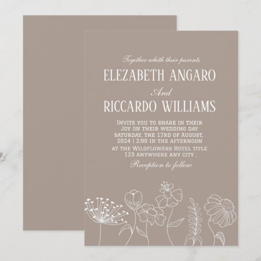 Warme Taupe Beige Terracotta Line Art Wildflower Kaart (Voorkant / Achterkant)