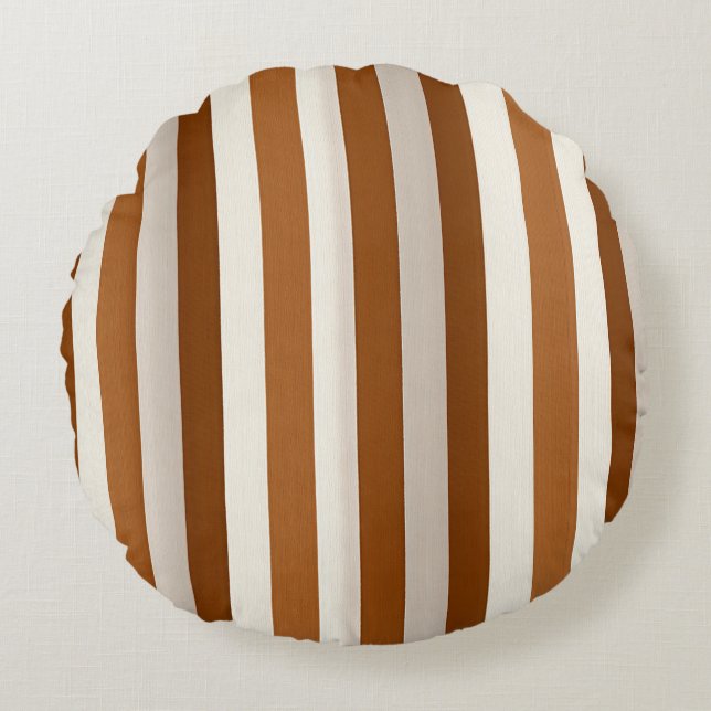 Warme Terracotta en Crème Verticale Streep Rond Kussen (Voorkant)