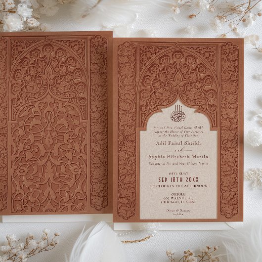 Warme terracotta kant bruiloft traditionele islami kaart