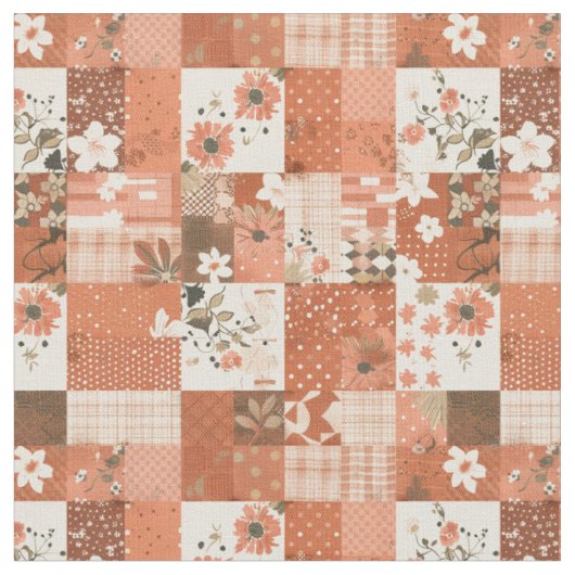 Warme Terracotta Patchwork Herfst Quilt Stof (Close Up)