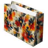 Warme Tones Kerstcadeau Tas met Feestelijke Bloeme Groot Cadeauzakje (Voorkant Gekanteld)