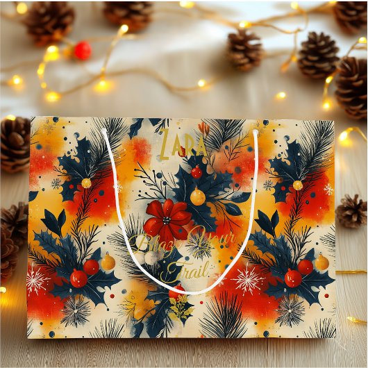 Warme Tones Kerstcadeau Tas met Feestelijke Bloeme Groot Cadeauzakje