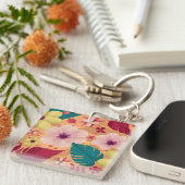 Warme tropische bloemen met rode en groene bladere sleutelhanger (Voorkant Rechts)