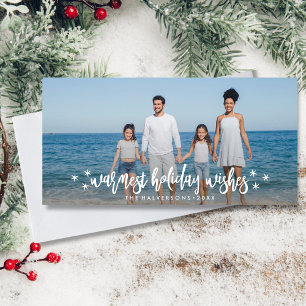 Warme vakantiewensen Kerstmis of Nieuwjaar Foto Feestdagenkaart
