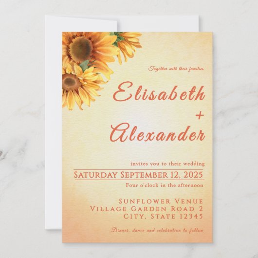 Warme vreugdevolle zonnebloem bruiloft uitnodiging (Voorkant)