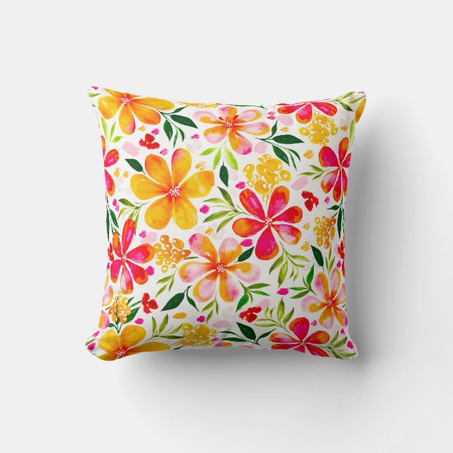 Warme Wendy Waterverf Bloemen-Wit Kussen (Voorkant)