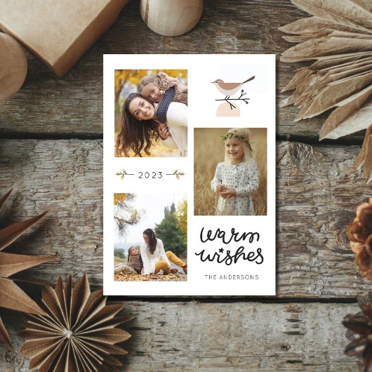 Warme Wensen Botanische Vogel Drie Foto Kerstmis Feestdagenkaart
