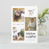 Warme Wensen Botanische Vogel Drie Foto Kerstmis Feestdagenkaart (Staand voorkant)