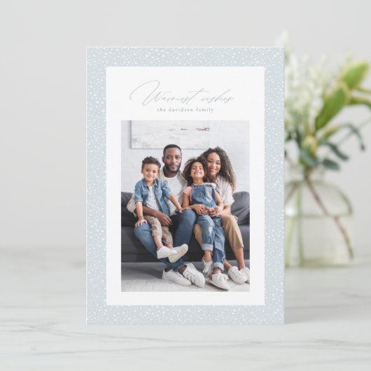 Warme wensen één foto sneeuwjacht frame eenvoudig feestdagenkaart (Staand voorkant)