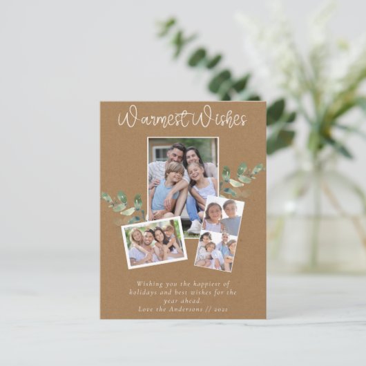 Warme Wensen Kraft Eucalyptus Fotocollage Feestdagenkaart (Staand voorkant)