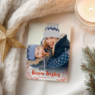 Warme Wensen Loofwerk Rood Schrift Foto Kerstmis Briefkaart