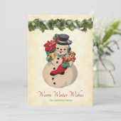 Warme Wensen - Vintage Sneeuwman Plat Kerstkaart (Staand voorkant)