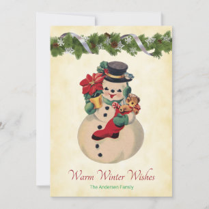 Warme Wensen - Vintage Sneeuwman Platte Kerstkaart