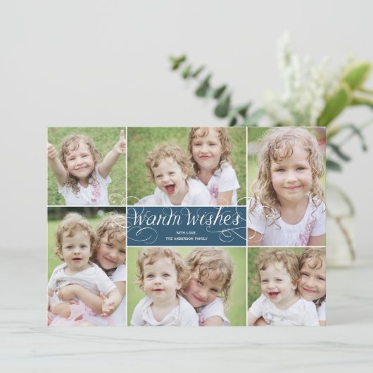 Warme wensen warrelen rond Kerst fotokaart - Navy Feestdagenkaart (Staand voorkant)