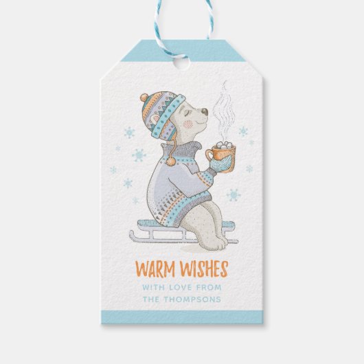 Warme Wensen Winter Cacao slee Hond gepersonalisee Cadeaulabel (Voorkant)