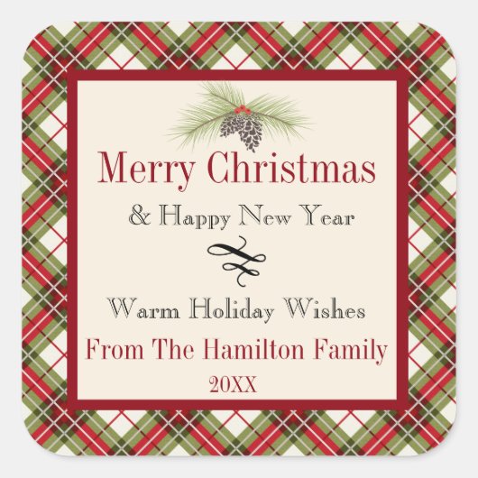 Warme winter geruite gepersonaliseerde vakantie vierkante sticker (Voorkant)
