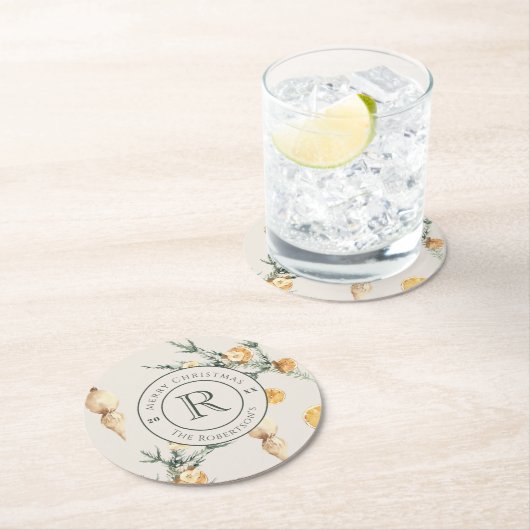 Warme wintercharme: chique Waterverf monogrammed Ronde Kartonnen Onderzetter (Insitu)