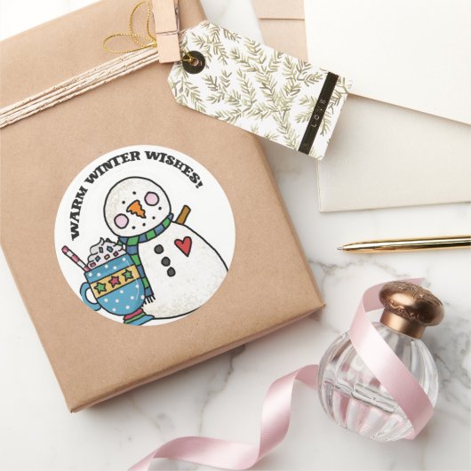 Warme winterwensen, Schattigee sneeuwman Ronde Sticker (Geschenken)