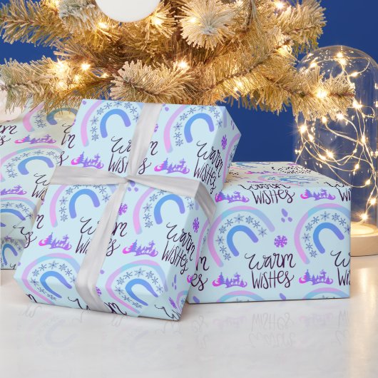 Warme Wishes Roze & Blauwe Kerst Regenbogen Cadeaupapier (Feestdagen)