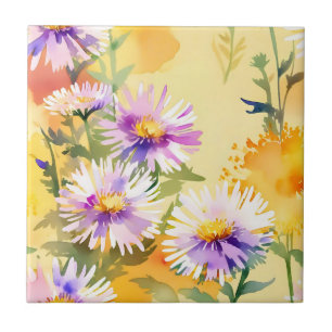 Warme Zonovergoten Aster Bloemen op Lichtgeel Tegeltje
