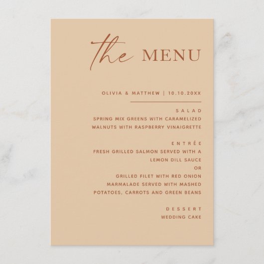 Warmer Trouwmenu met Perzikzand | Zachte Moderne E Menu (Voorkant)