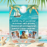 Warmer Wonderland Tropical Beach Feestdagenkaart<br><div class="desc">Met de Tropische themafoto kerstkaart is een maanlicht strand te zien met zeemijlen en zand, palmbomen en een schip dat in het zee zeilt. De tekst staat voor het liedje van "Winter Wonderland", maar met een tropische draai die zegt: "Seashells ring, luister je? — Op het strand is zand aan...</div>