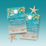 Warmer Wonderland Tropical Beach kerst Kaart<br><div class="desc">De uitnodiging van de Tropische kerstpartij bevat een maanlicht strand met seizoenshellen en zand voor het luisteren, palmbomen en een schip dat in het zee van turkooizen vaart. De tekst staat voor het liedje van "Winter Wonderland", maar met een tropische draai die zegt: "Seashells ring, luister je? — Op het...</div>