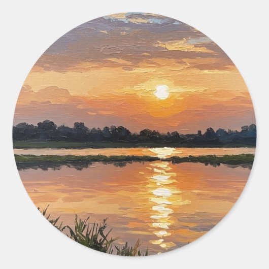 Warmes geel zonsondergang bij het meer ronde sticker (Voorkant)