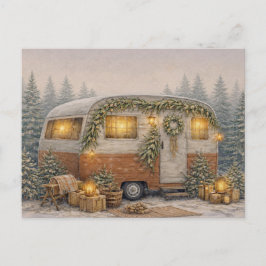 Warmes neutraal aquarel rustieke kerst camper feestdagenkaart