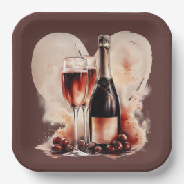 Warmes rood en bruine aquarel champagnefles papieren bordje