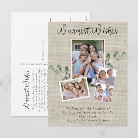 Warmest wil Burlap Eucalyptus Photo Collage Feestdagenkaart (Voorkant / Achterkant)
