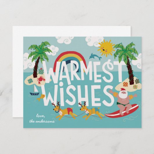 Warmest wil Funny Surfing Santa en Beach Feestdagenkaart (Voorkant / Achterkant)