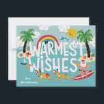 Warmest wil Funny Surfing Santa en Beach Feestdagenkaart<br><div class="desc">Grappig surfende santa wordt door zijn zwempak gekleed rendier gehaald in deze leuke,  strandachtige vakantiekaart. Ook met uw klassieke kerstpalmbomen en seizoensgebonden zeeen.</div>