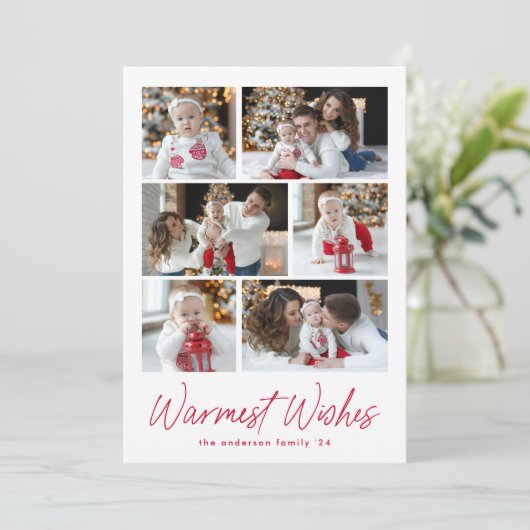 Warmest wil rood script 6 fotocollage feestdagenkaart (Staand voorkant)