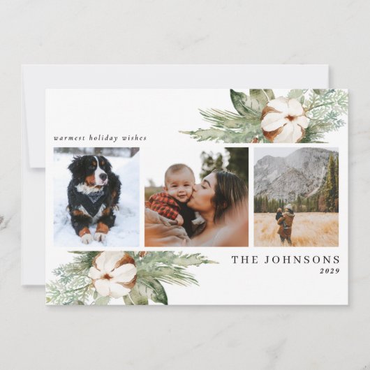 Warmest Wishes Cotton Winter Greenery Foto Holida Feestdagenkaart (Voorkant)