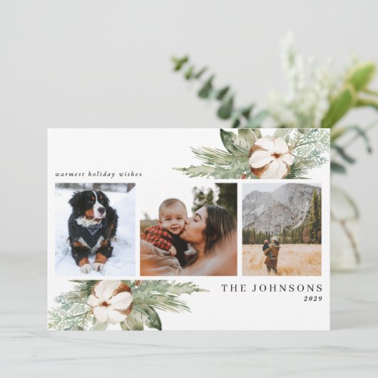 Warmest Wishes Cotton Winter Greenery Foto Holida Feestdagenkaart (Staand voorkant)