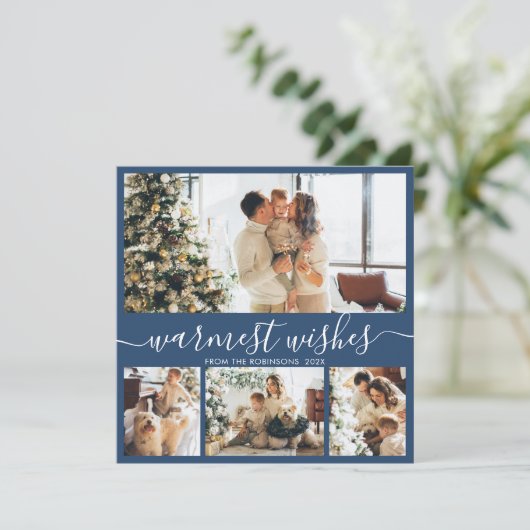 Warmest Wishes Elegant 4 Photo Collage Kersth Feestdagenkaart (Staand voorkant)
